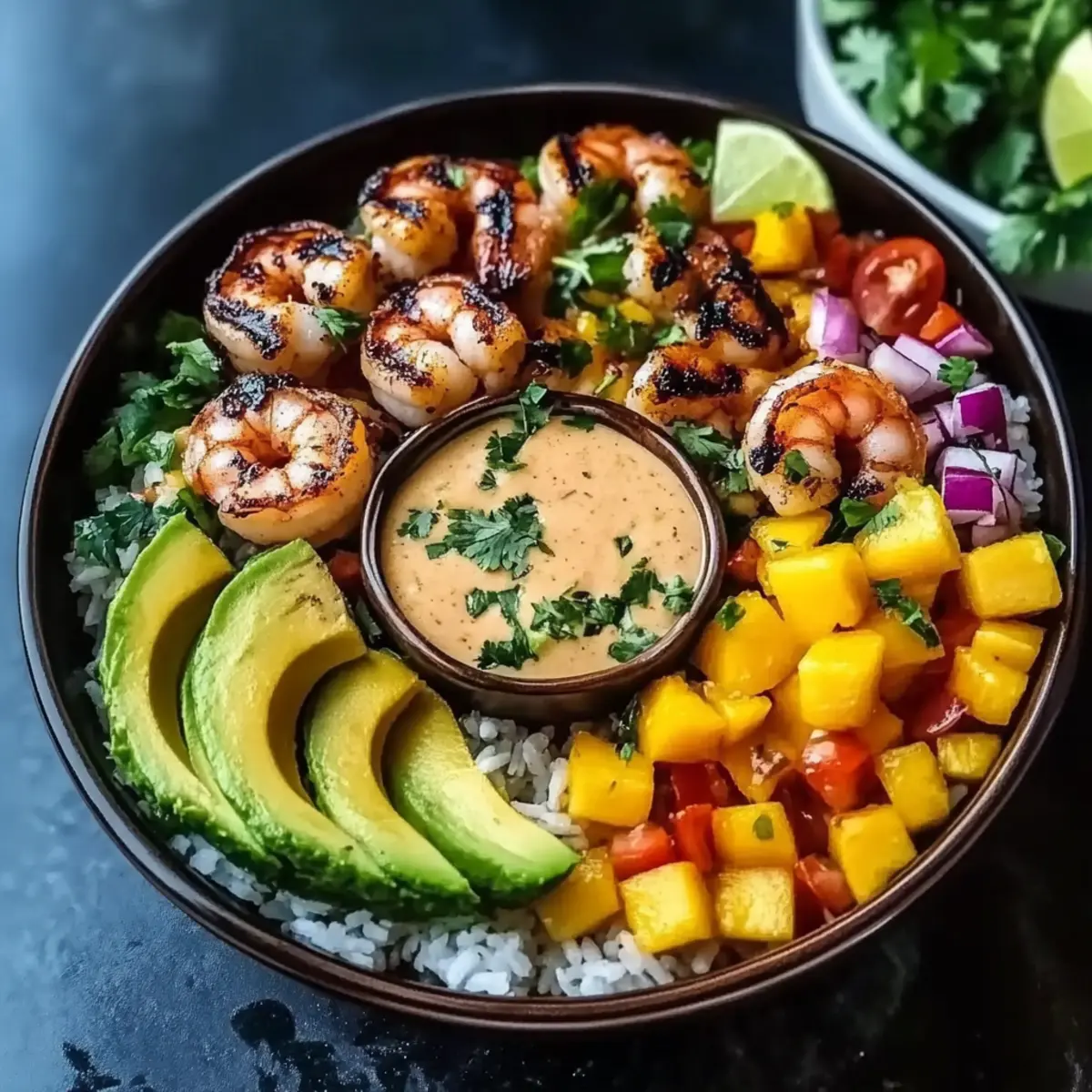 Shrimp and Avocado Bowls with Mango Salsa & Lime-Chili Sauce