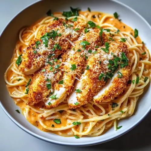 Crispy Romano-Crusted Chicken with Creamy Tomato-Pasta
